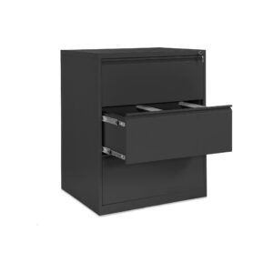 Hängeregisterschrank aus Metall Tiefschwarz drei Ordnerhöhen zweibahnig mit Zylinderschloss