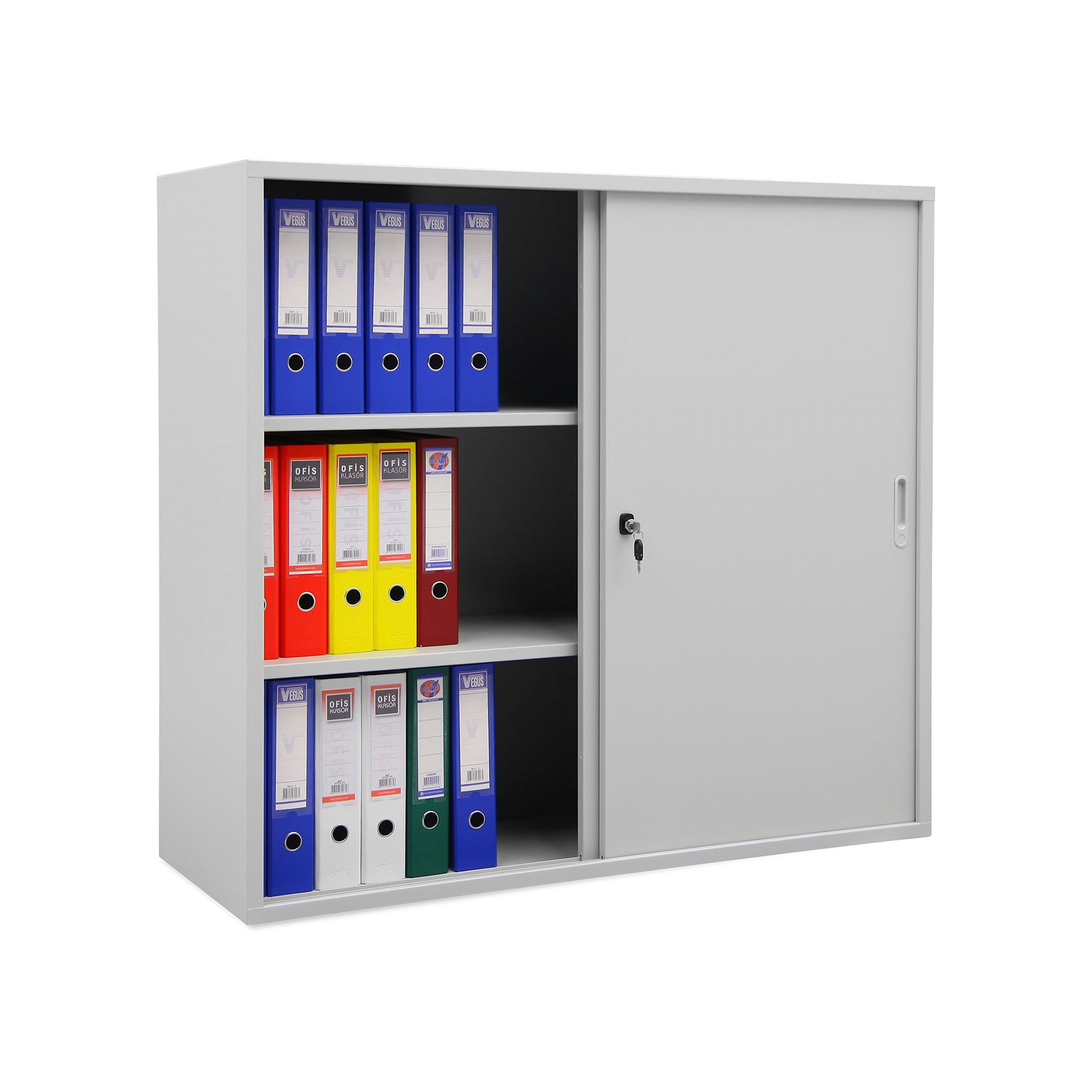 Schiebetürenschrank (Stahl) – 3 OH "Vielseiter" in Lichtgrau